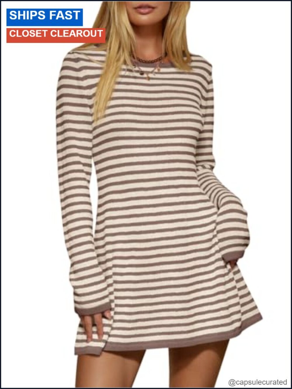 Striped Pullover Sweater Dress Ribbed Knit Crewneck Long Sleeve Mini